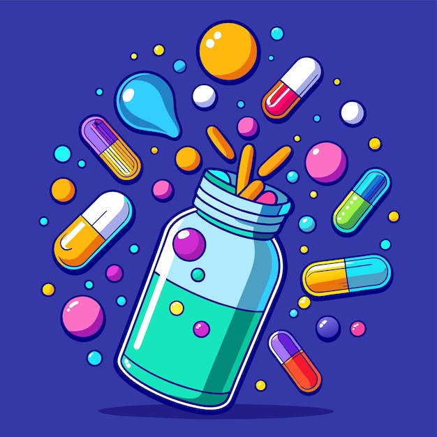 Vector medicine bottle spilling colorful pills vector illustration