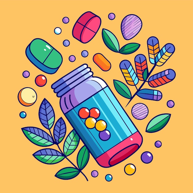 Vector medicine bottle spilling colorful pills vector illustration