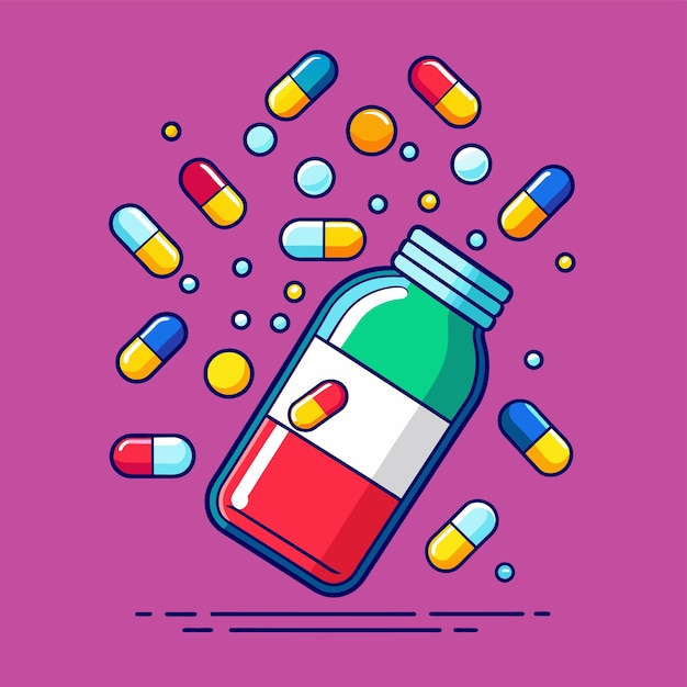 Vector medicine bottle spilling colorful pills vector illustration