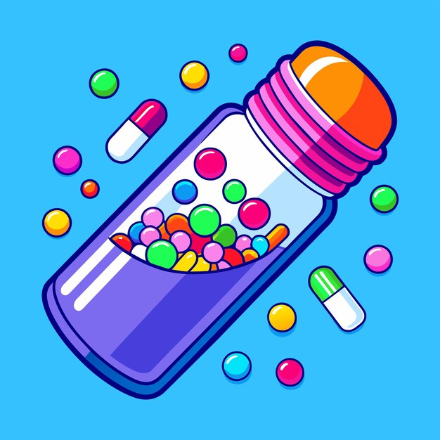 Medicine bottle spilling colorful pills vector illustration