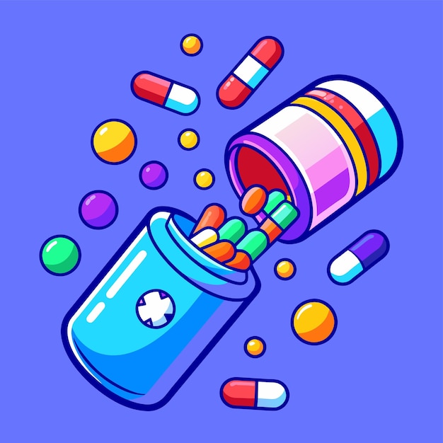 Medicine bottle spilling colorful pills vector illustration