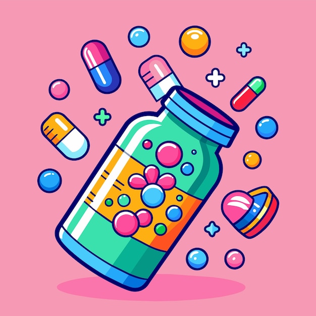 Vector medicine bottle spilling colorful pills vector illustration