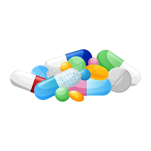 Vector medicine capsules tablets and pills bunch of drugs painkillers vitamins antibiotics probiotics vector illustration isolated on white background