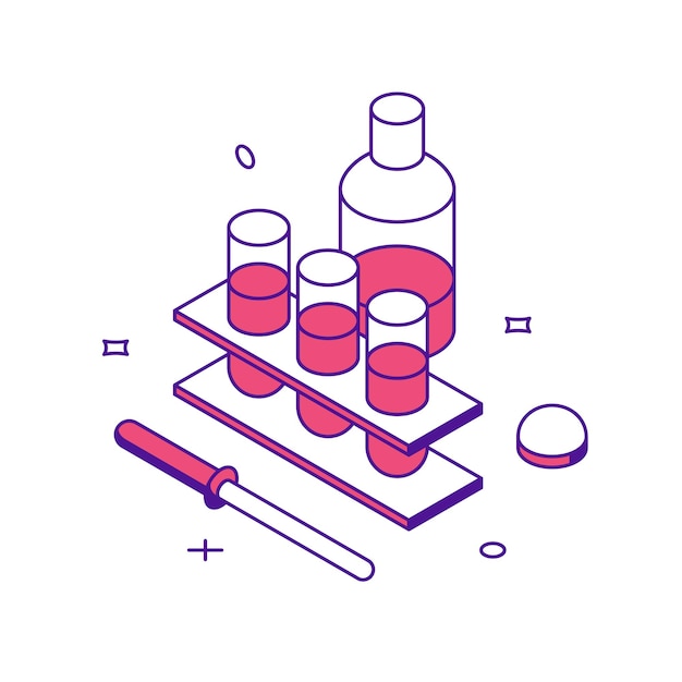 Medicine chemistry research with beaker glass bottle pipette 3d icon isometric vector illustration Laboratory scientific progress important discoveries and chemical experiments test tube analyzing