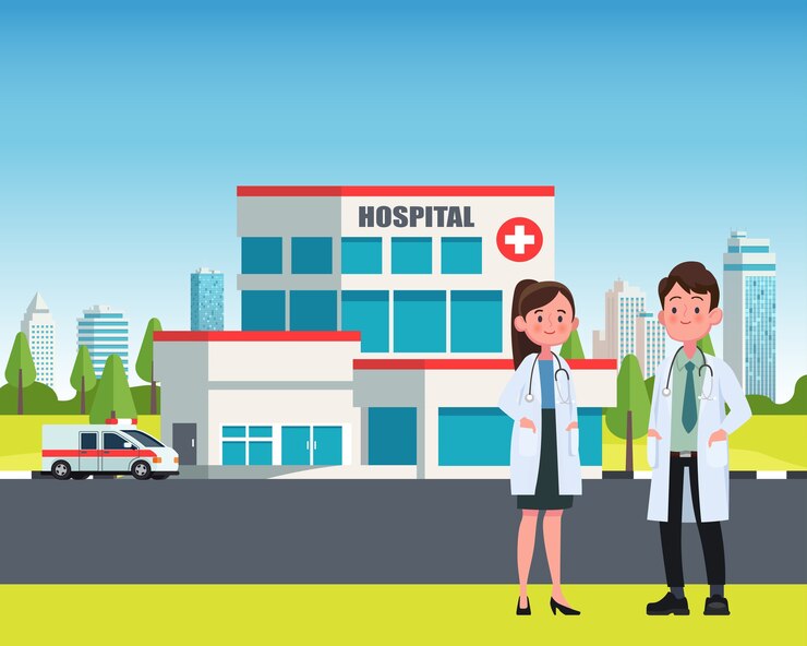 Medicine concept with doctors in flat style isolated on blue background. Practitioner young doctor man and woman, hospital building, ambulance car. Medical staff