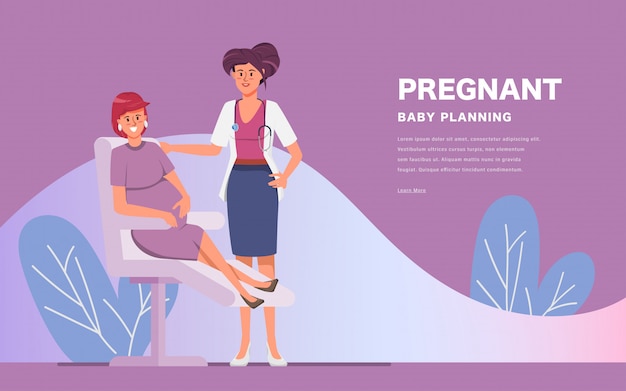 Vector medicine concept with practitioner doctor woman and young pregnant girl patient in hospital medical office.