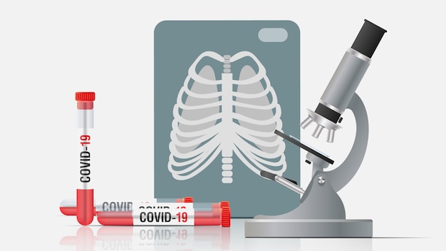 The medicine for coronavirus. microscope, a snapshot of a lung, test tubes with medicine, a sample of covid-19 coronavirus.  illustration