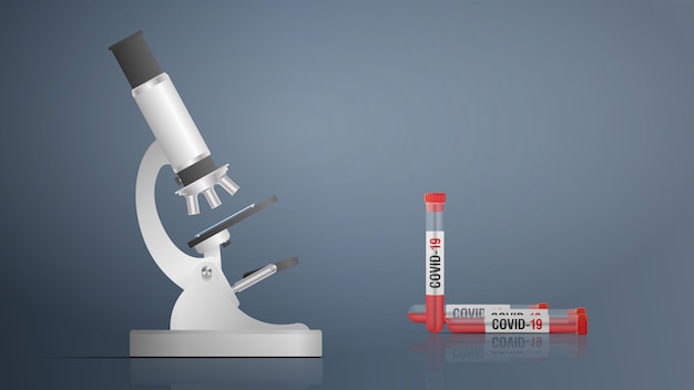 The medicine for coronavirus. Microscope, test tubes with medicine, sample, coronavirus covid-19 illustration