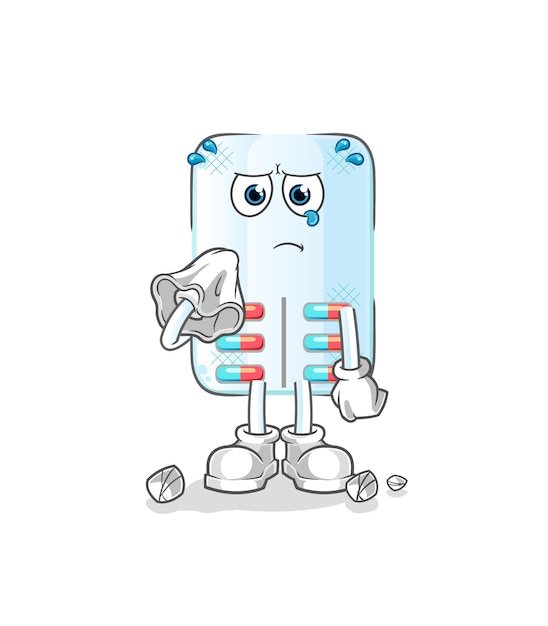 Medicine cry with a tissue cartoon mascot vector