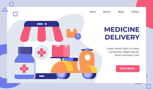 La motocicletta dello scooter di consegna della medicina trasporta la campagna della scatola della farmacia per la pagina di destinazione della home page del sito web