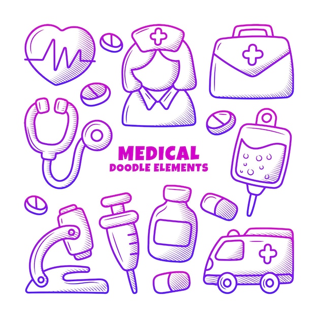 Vector medicine doodle element set with hand drawn outline style