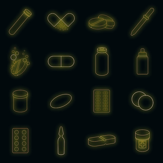 Medicine drugs icons set. Illustration of 16 medicine drugs vector icons neon color on black