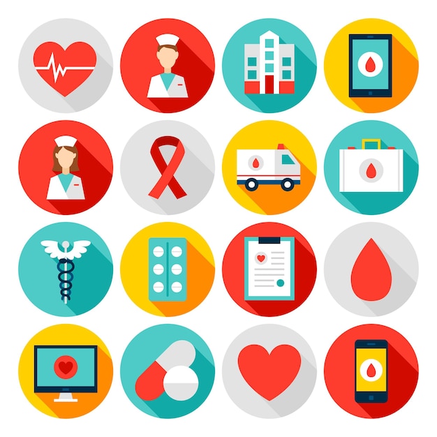 Medicine health flat icons. vector illustration. set of circle hospital items with long shadow.