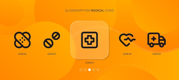 Medicine and Health icons in glassmorphism style Medical symbol on gradient background Vector EPS 10