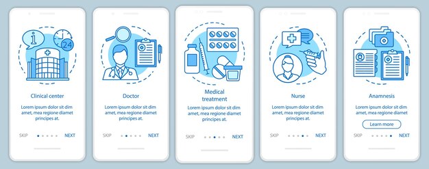 Schermata della pagina dell'app mobile di onboarding di medicina e assistenza sanitaria con concetti lineari. chiama, seleziona, paga, ricevi, divertiti. passi istruzioni grafiche. modello vettoriale ux, ui, gui con illustrazioni