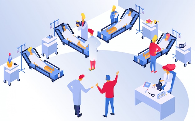 Medicine in hospital, treatment with doctors and patients during medics examination  illustration.