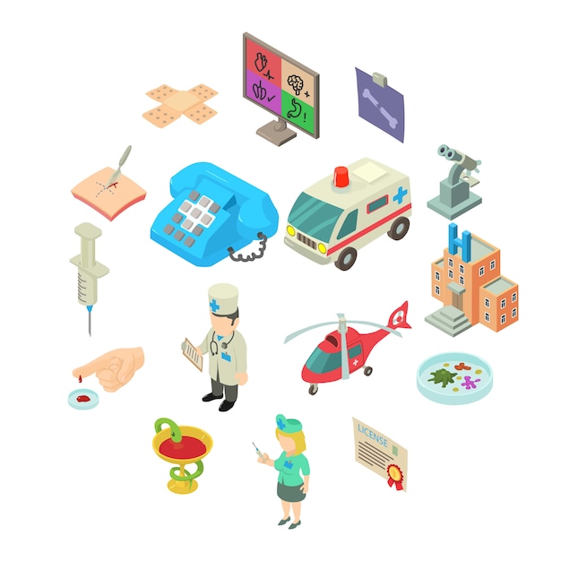 Vector medicine icons set, isometric style