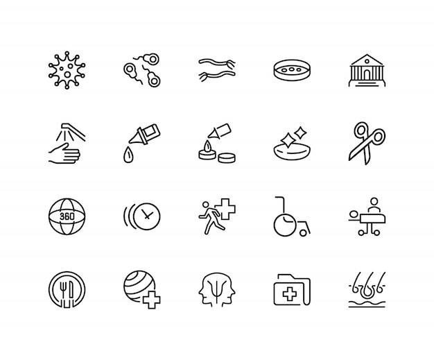Medicine icons. Set of twenty line icons. Sport doctor, wheelchair, emergency. 