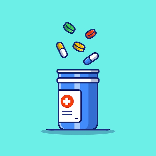 Vector medicine jar, tablets, and pills cartoon icon illustration. healthcare medicine icon concept isolated premium . flat cartoon style