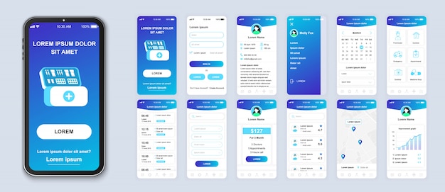 Vector medicine mobile app pack of ui, ux, gui screens for application