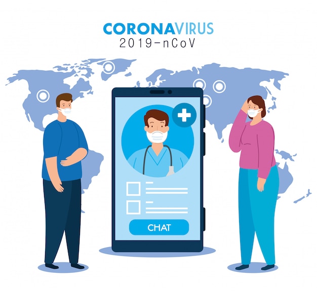 Medicina online, il medico consulta i pazienti in smartphone online, covid 19 design illustrazione pandemia