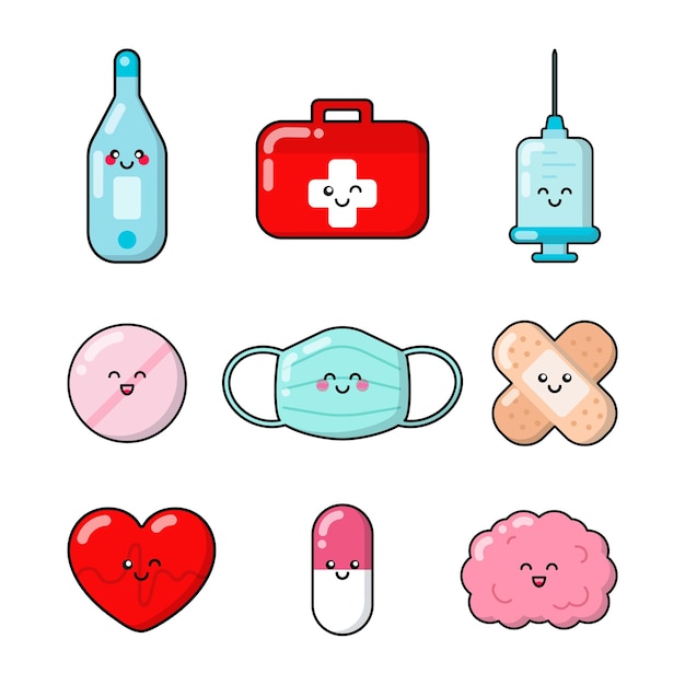 Vector medicine patches badges stickers logos set of cute funny cartoon characters icons in asian kawaii