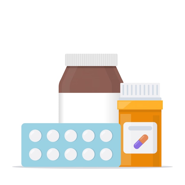 Medicine pharmacy concept vials of medicines tablets capsules drug medication plastic bottle with pills set of icons vector illustration