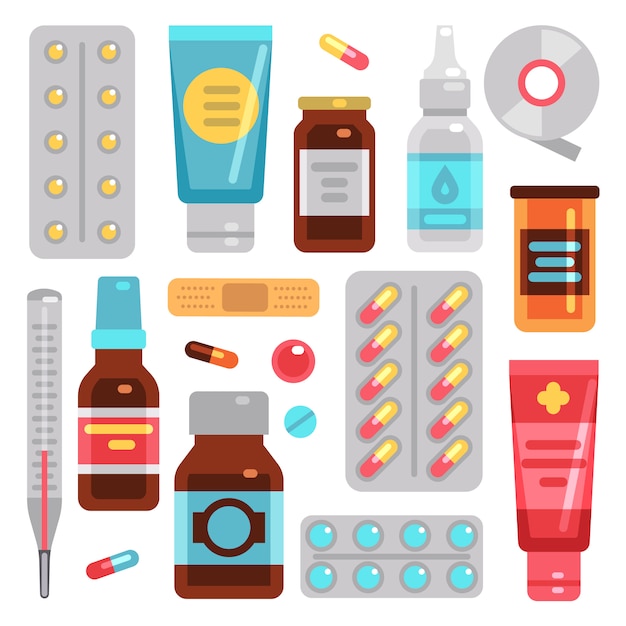 Medicine pharmacy drugs, pills, medicament bottles and medical equipment