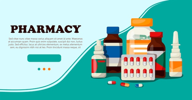 Vector medicine pharmacy hospital set of medicines with labels banner for a website with medical items