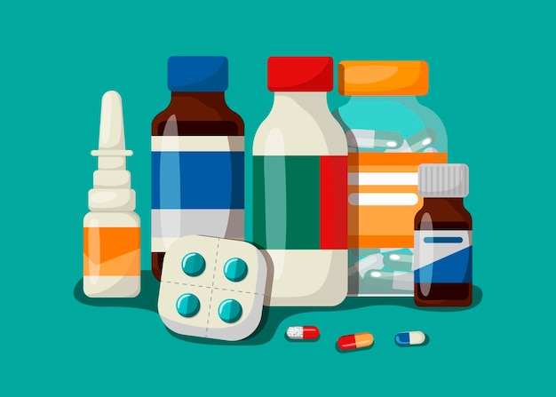 Medicine, pharmacy, hospital set of medicines with labels. the concept of medical subjects. vector illustration in cartoon style.