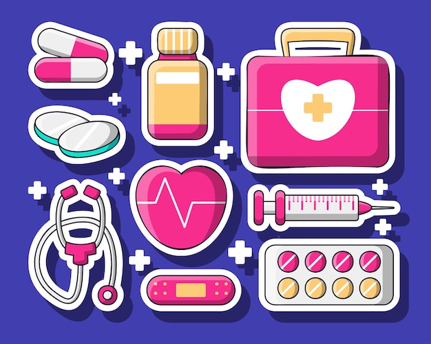 Farmacia di medicina con prodotti medici isolati pillole e attrezzature farmaceutiche nell'illustrazione vettoriale di primo soccorso