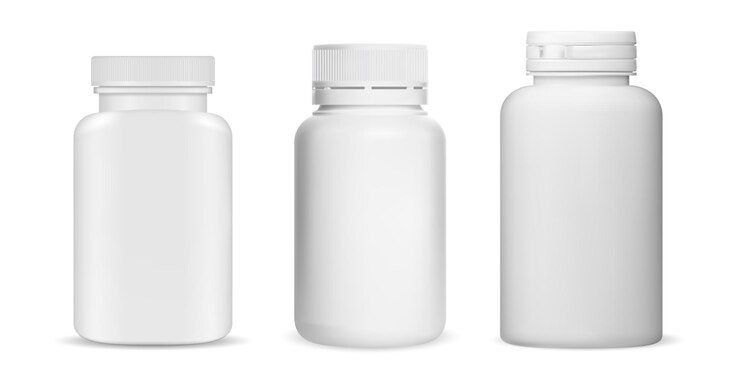 Vector medicine pill bottle white plastic blank vitamin supplement jar mockup design