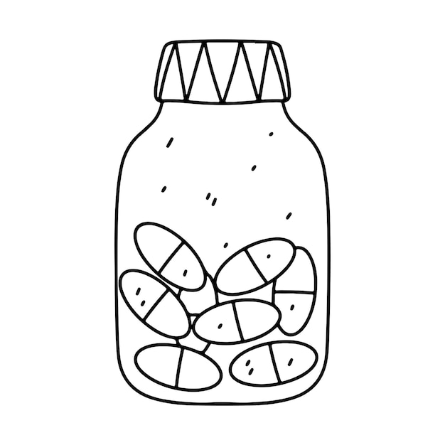 Medicine pills in hand drawn doodle style A bottle with drags vector illustration Coloring page