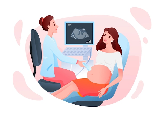 Medicine pregnancy consultation doctor examining pregnant woman with ultrasound scanner