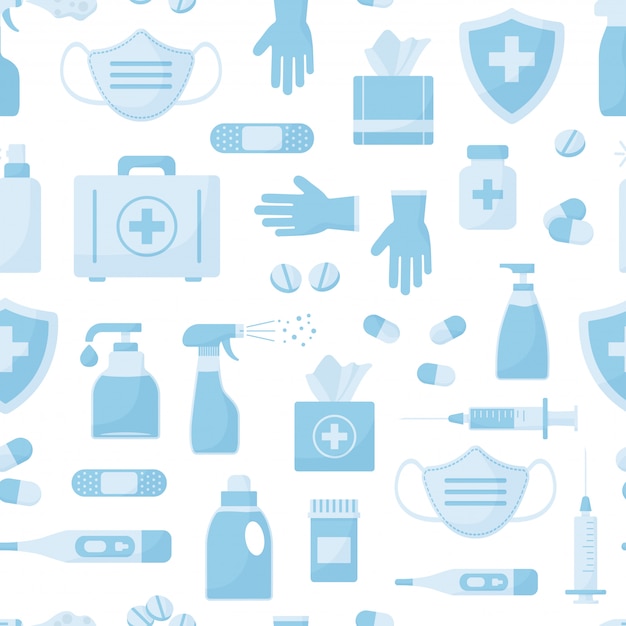 Картина медицины безшовная, голубые объекты изолированные на белой предпосылке.
