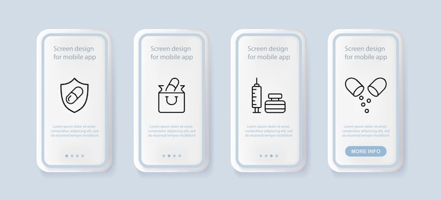 Значок набора лекарств антибиотики таблетка больница аптека аптечка первой помощи инъекции наркотики и т. д. концепция здравоохранения пользовательский интерфейс экраны приложений телефона с людьми значок векторной линии для бизнеса и рекламы