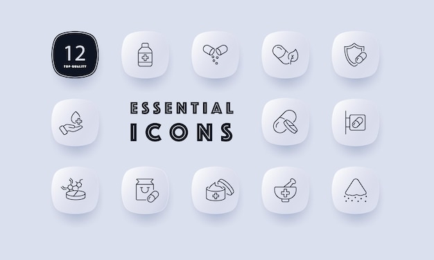 Medicine set icon syrup pharmacy first aid kit hospital doctor\
anesthesia illness runny nos chemistry health care concept\
neomorphism style vector line icon for business and\
advertising