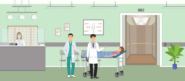 medicine situation with patient on medical couch with two doctors in hospital reception. modern medical clinic hall with receptionist