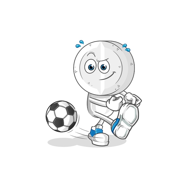 ボールを蹴る薬の錠剤の頭の漫画。漫画のマスコットベクトル