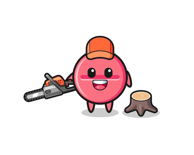 Medicine tablet lumberjack character holding a chainsaw cute design