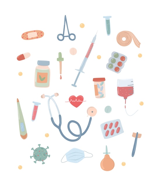 Medicine themed elements set and healthcare items hospital and ambulance equipment