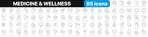 Vector medicine and wellness line icons collection ambulance hospital medicine anatomy icons ui icon set thin outline icons pack vector illustration eps10