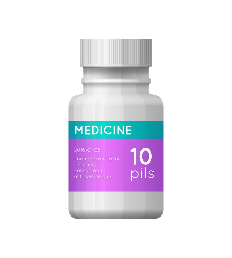 Vector medicine white bottle with label empty plasric bottle for drugs tablets capsules prescriptions vitamins etc pharmaceutic container isolated on white background