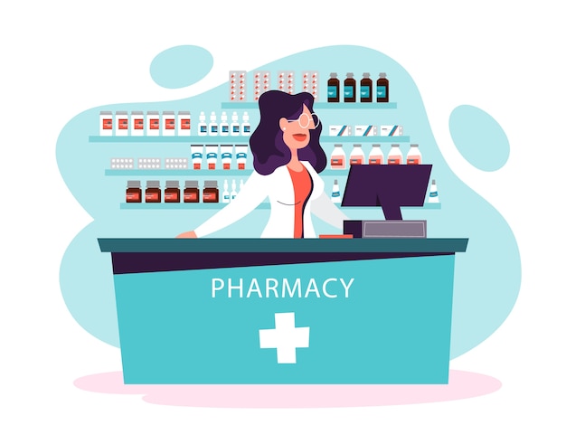 Vector medicine worker in the drugstore. female pharmacist