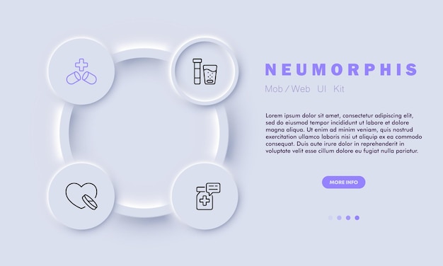 Medicines set icon Effervescent tablet cross pill heart cardiology prescription bank treatment hypertension dietary supplement Healthcare concept Neomorphism style Vector line icon