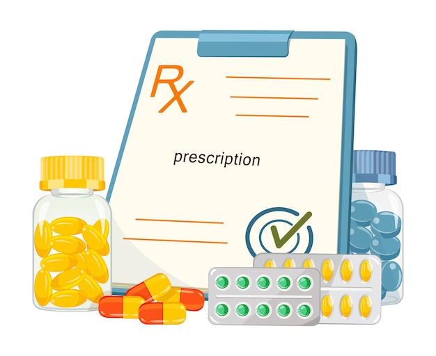 Medicines with medical prescription form in cartoon design