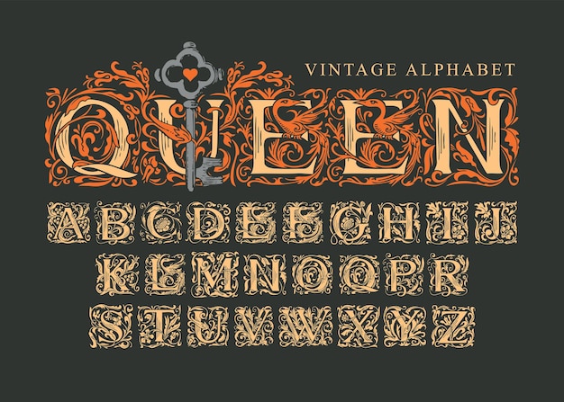 medieval alphabet from capital letters and word queen