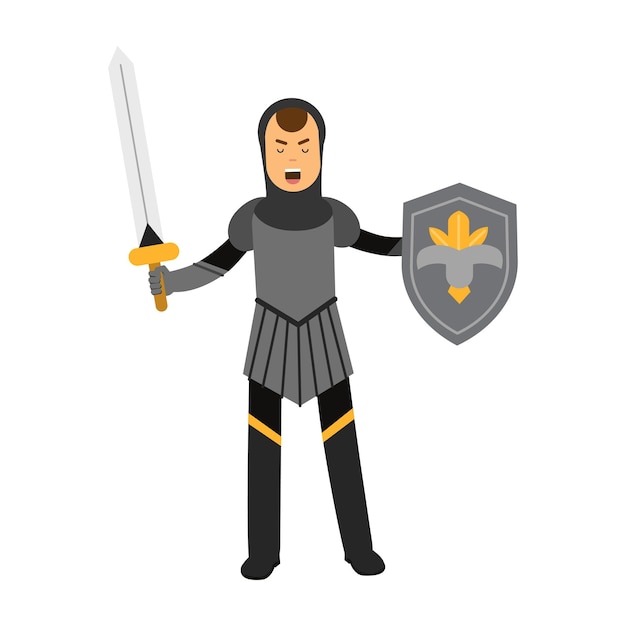 Vector medieval amed knight character standing with shield and sword, colorful vector illustration on a white background