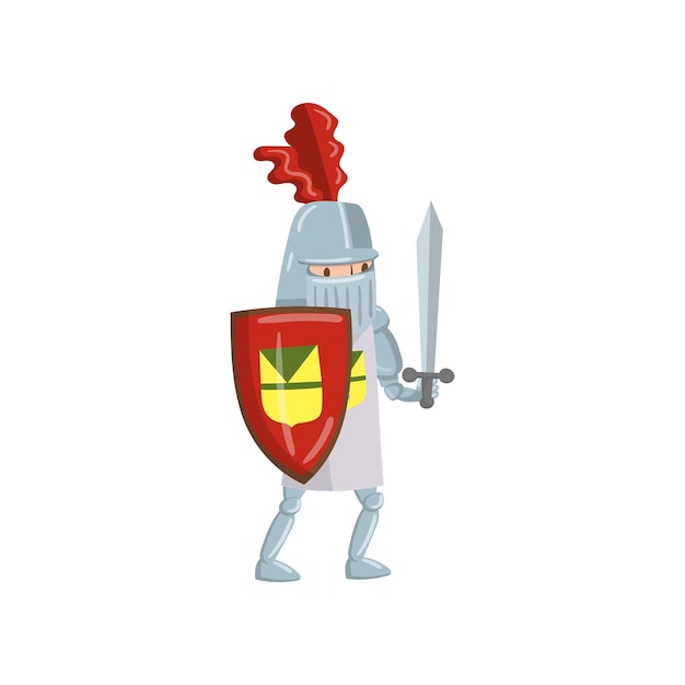 Medieval amed knight character with shield and sword fairytale or medieval character cartoon vector illustration on a white background