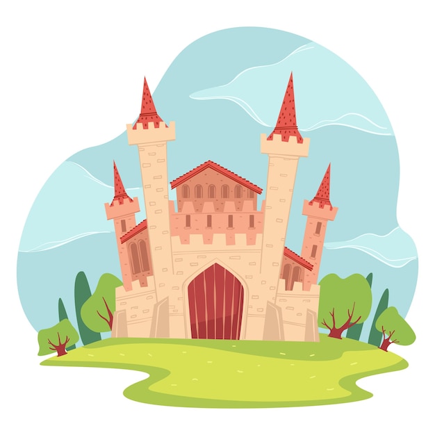 Medieval architecture and wonderland castle, fantasy or fairy tale structure. sightseeing or heritage of old country. kingdom or enchanted dwelling of prince and princess. vector in flat style